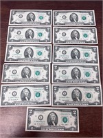 Lot of 11 $2 bills 2003-2013