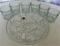 Beautiful Cut Glass Footed Platter and Glasses