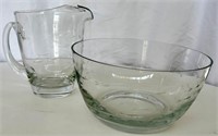 Etched Glass Fish Pitcher and Bowl