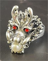 Dragon Ring- with Pearl in mouth- Red Gemstone