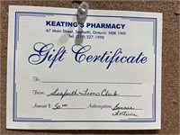 gift certificate Keatings Pharmacy Value $50