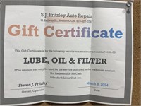 Lube Oil Filter Gift Certificate Value $100