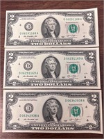 Lot of 3 2013 D note $2 bills, 2 back to back