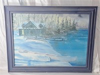 Cabin/Canoes by the Lake Winter Scene Oil Painting