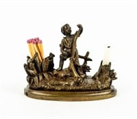 Boy Cleaning Rifle Bronze Candle & Match Holder