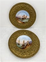 Antique English Hand Painted Plates w/ Brass Frame