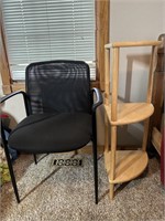 Wooden Shelf Floor Display and Black Chair