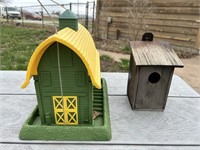 Green Barn Bird feeder and Wooden birdhouse