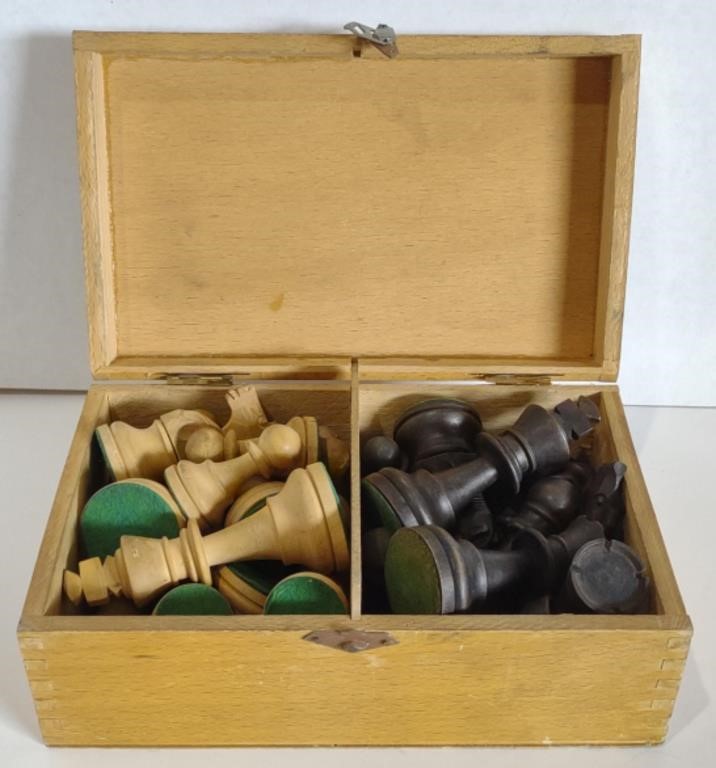 Wooden Box of Chess Pieces, 8" x 5" x 3"