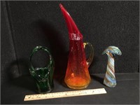 Art Glass Vase, Basket & Amberina Pitcher