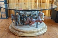Wooden 4 Horse Carousel Rotating Glass Top Coffee