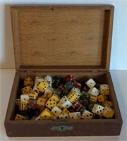 Wooden Box (8"×5"×3") w/ Vtg Dice & Marbles Of