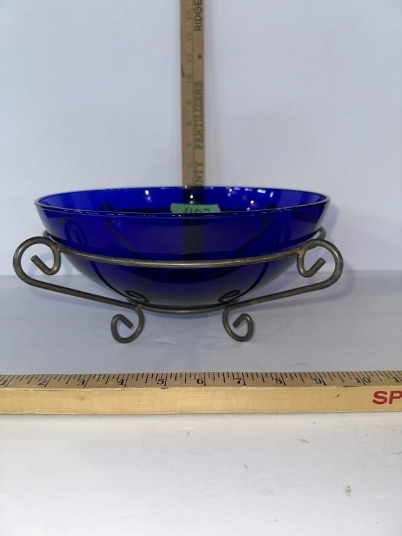 Vintage 1960's 10" Cobalt Blue Bowl with Metal