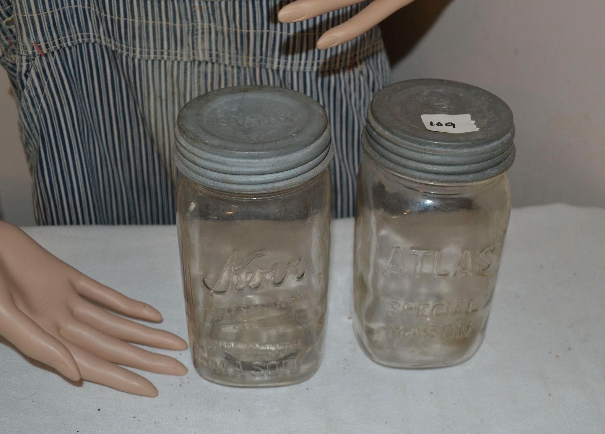 2 Mason Jars with Zinc Lids - both Atlas lids