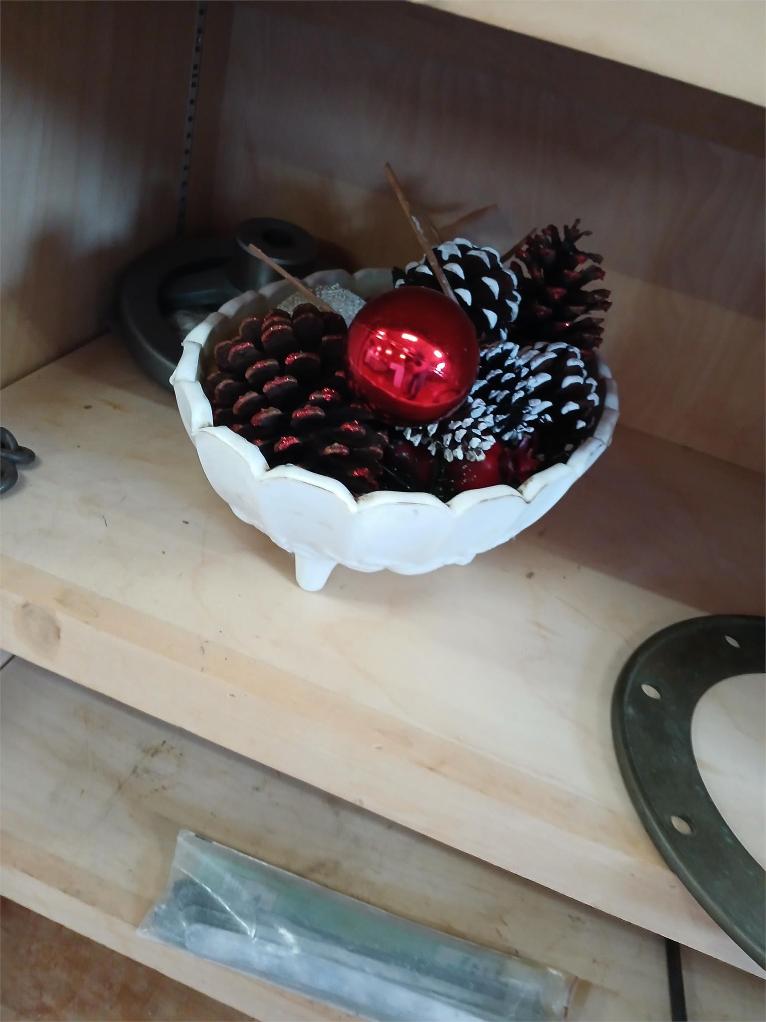 White Glass Bowl with Christmas Decorations