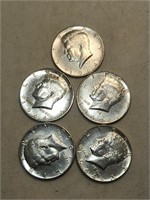 Five 1964 KENNEDY SILVER HALF DOLLARS