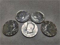 Five 1964 Kennedy Silver Half Dollar Coins