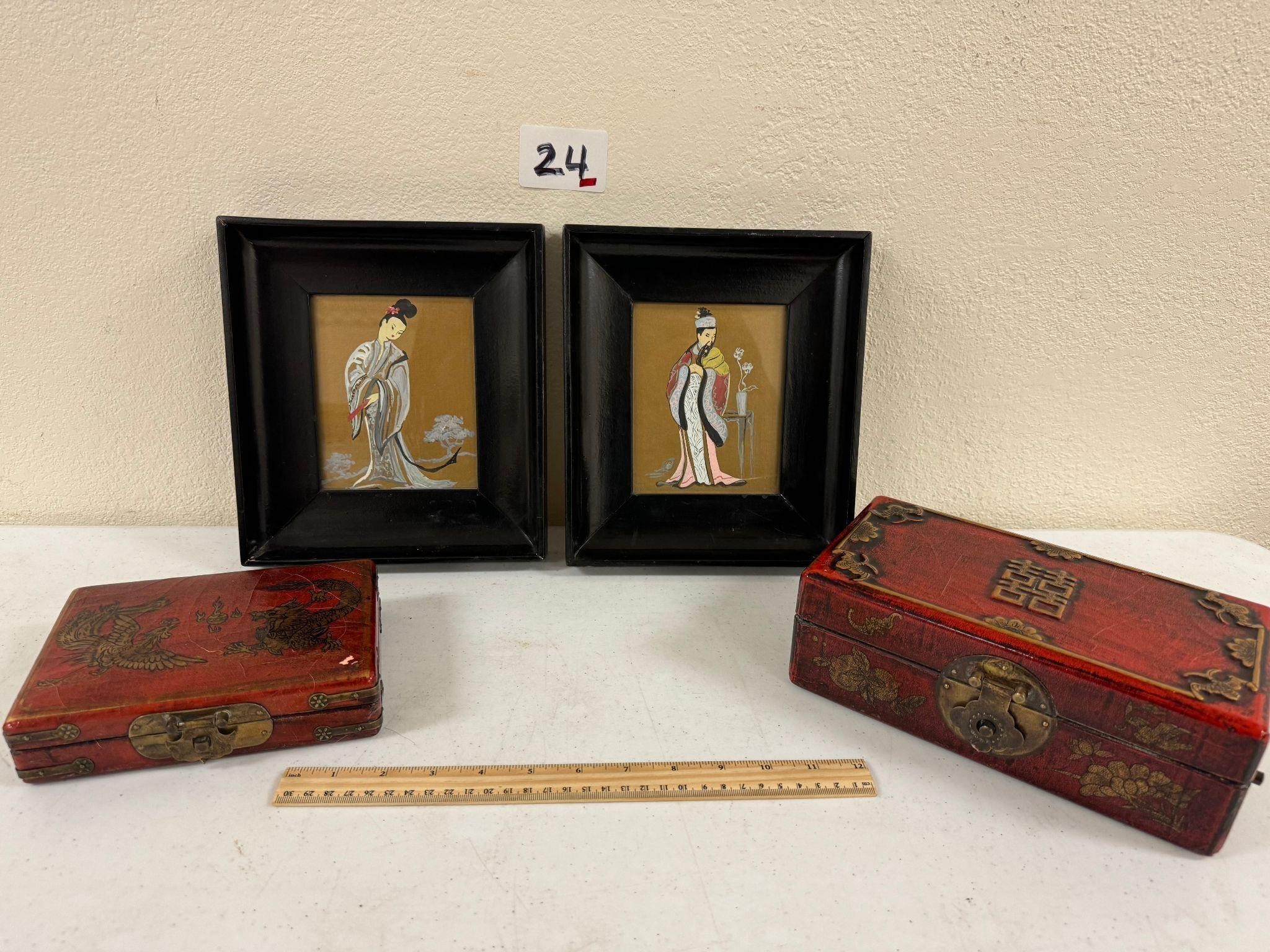 2 Claire Eames Paintings & 2 Asian Boxes