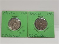 Two Silver 25 Centavos 1950/1951