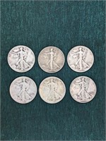 90% Silver Walking Liberty Half Dollars (6)