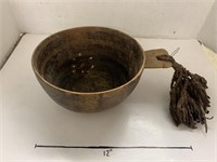 Wooden Bowl with Handle and Tassels