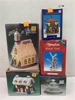 Winter Village Houses, Fountain, Birch Tree, and
