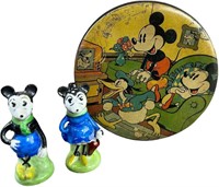 LITHOGRAPHED MICKEY MOUSE STORAGE TIN W/ SHAKERS