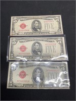 Trio of 1928 Red Seal $5 Notes