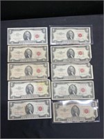 Group of 10 $2 Red Seals 1953 & 1963 Series