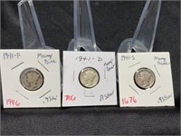 1941 P,D, S Mercury Dimes