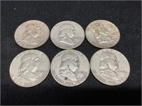 Group of 6 Franklin halves 1952-1963