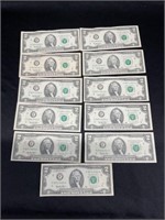 Group of 11 1995 $2 Bills Green Seal