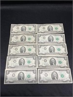 Group of 10 1976 $2 Bills Green Seal