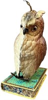 DRESDEN OWL ON BOOK CANDY CONTAINER.