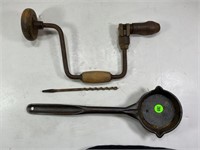 LEAD CAST IRON LADEL & ANTIQUE HAND DRILL