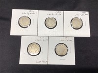 Group of 5 1906-12 Liberty Nickel