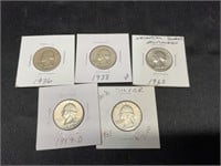 5 Silver US Quarters 1936-1960