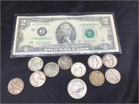 $2 Bill, Anthony Dollar & 10 Old Nickels