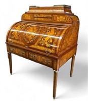 Large Ornate French Inlaid Barrel Roll Desk.