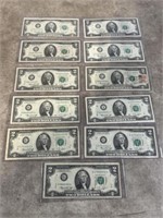 1976 $2 dollar bills, total of 11 bills