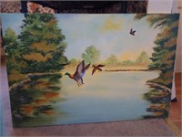 Beautiful landscape with ducks painting on canvas