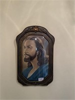 Vintage convex glass framed picture of Jesus 23”