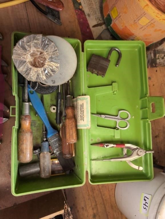 Small toolbox w screwdrivers, elec tape, etc