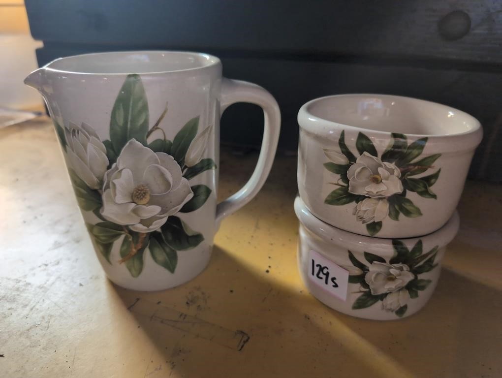 Magnolia pottery pitcher and bowls