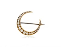 Victorian pearl set yellow gold crescent brooch