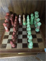 Wood chess board w ceramic pieces