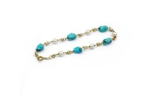 Turquoise and pearl 14ct yellow gold bracelet