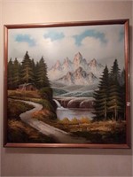 Large canvas mountains painting has rip 37x37