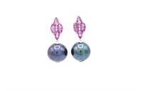 Black pearl & Rhodalite garnet set silver earrings