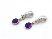 Sterling silver& amethyst glass drop clip earrings